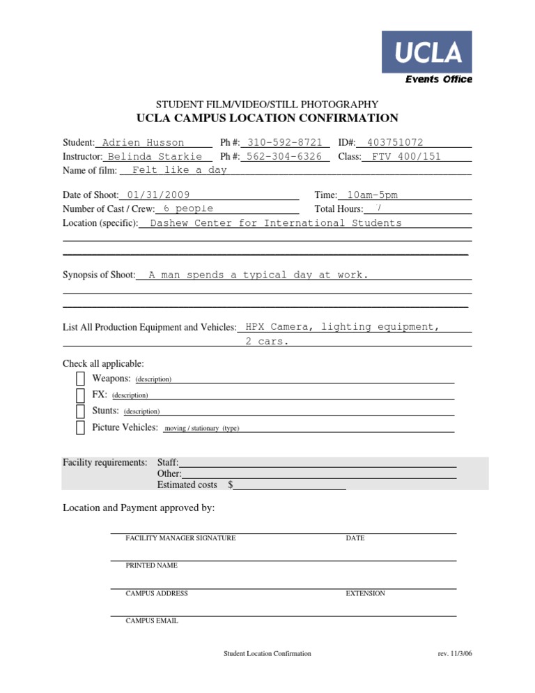 UCLA Student Film Location Form | PDF