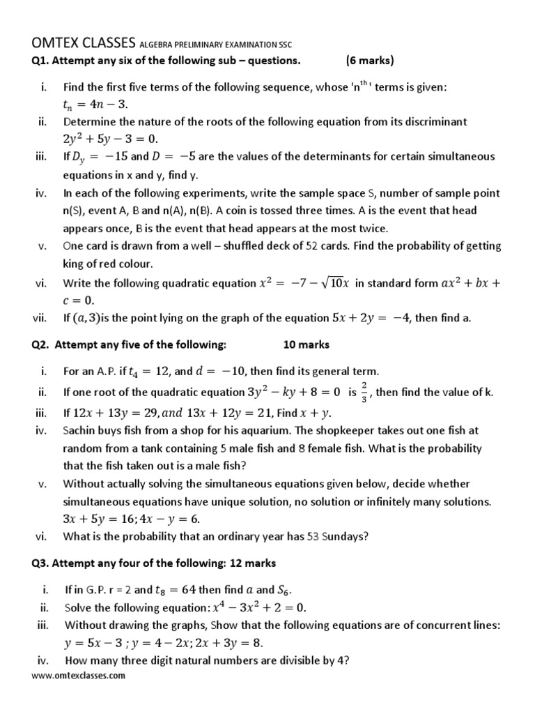 Algebra Question paper Equations Mathematical Objects Free 30day