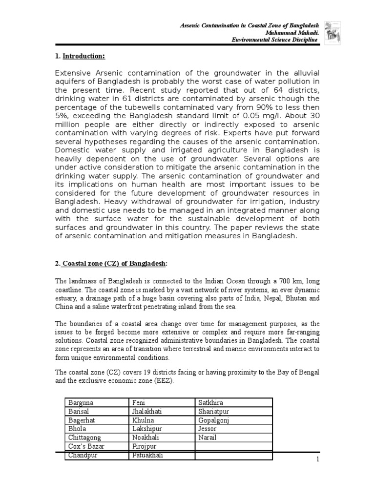 Arsenic Contamination in Coastal Zone of Bangladesh | PDF | Arsenic ...