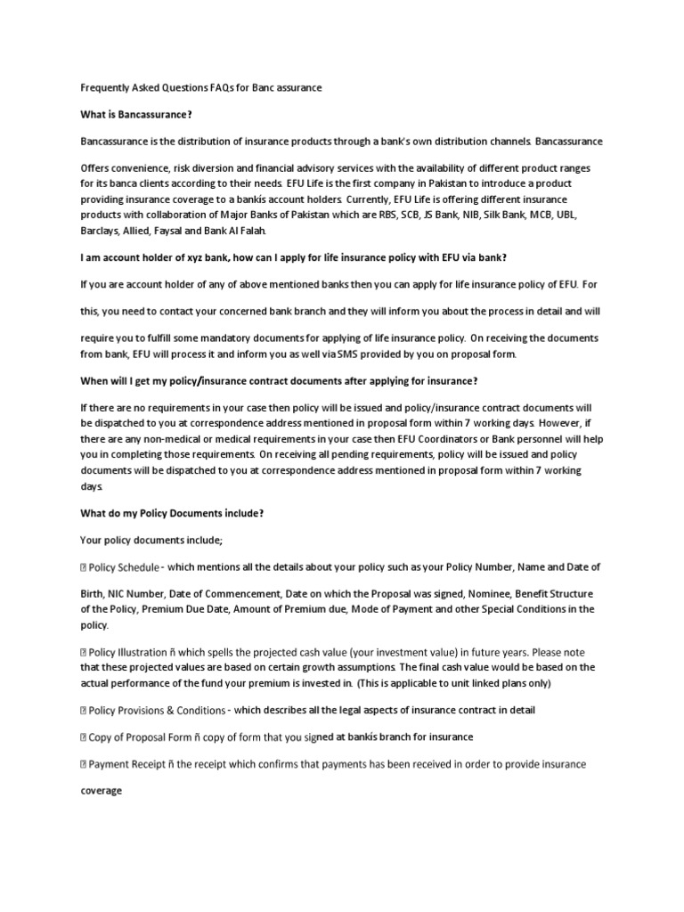 Frequently Asked Questions FAQs For Bancassurance | PDF | Life ...