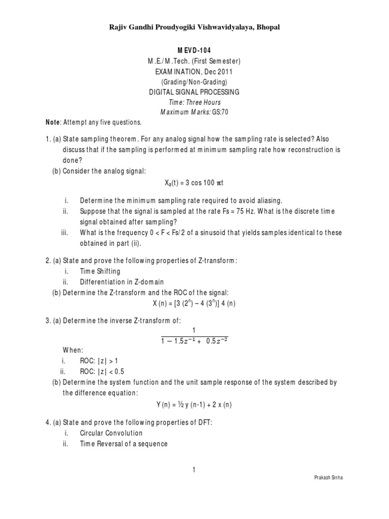 Digital Signal Processing Exam Questions | PDF | Sampling (Signal ...