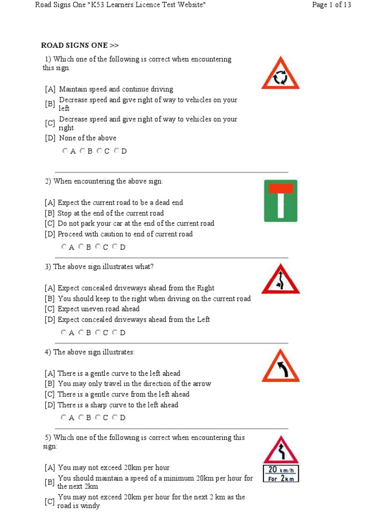 K53 Learners Licence Road Signs Test | PDF | Traffic | Speed Limit