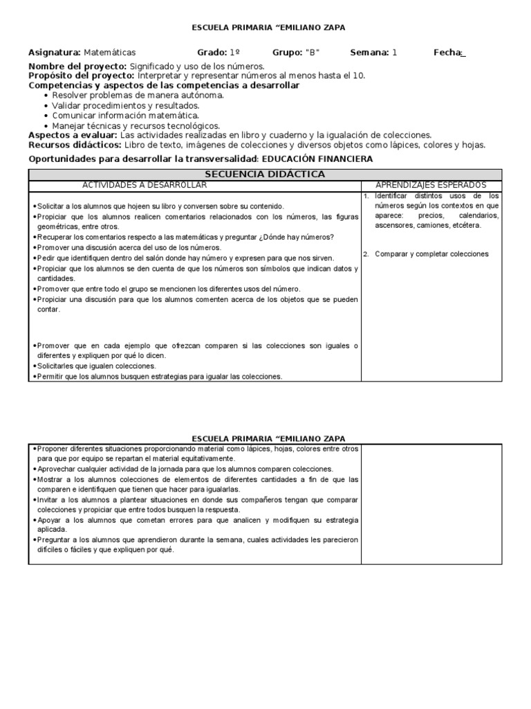 Planeacion de Matematicas de Primer Grado | PDF | Educación primaria ...