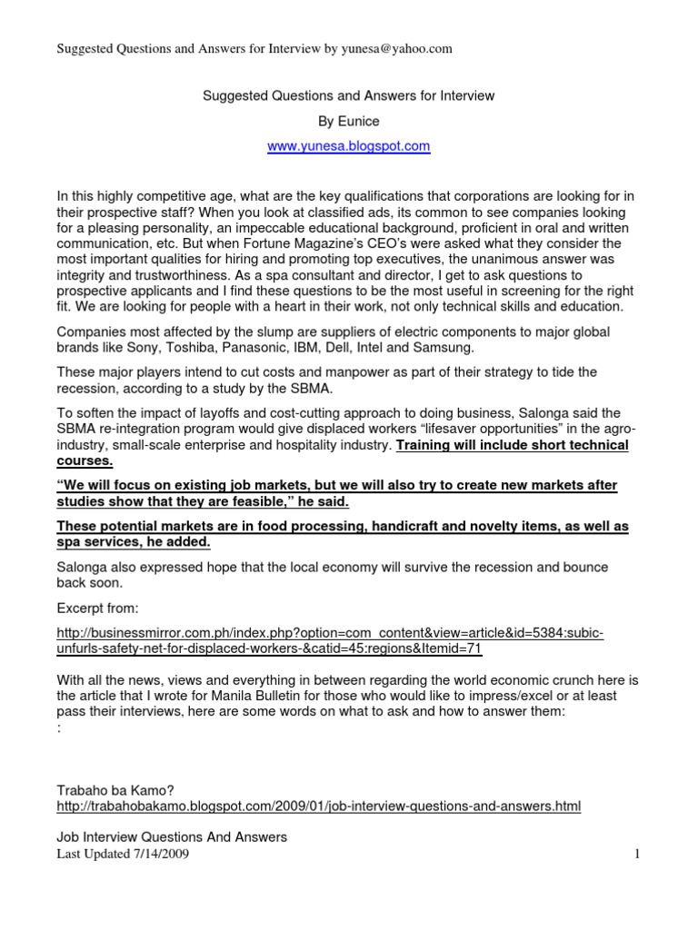 Suggested Interview Questions and Answers Massage Spa