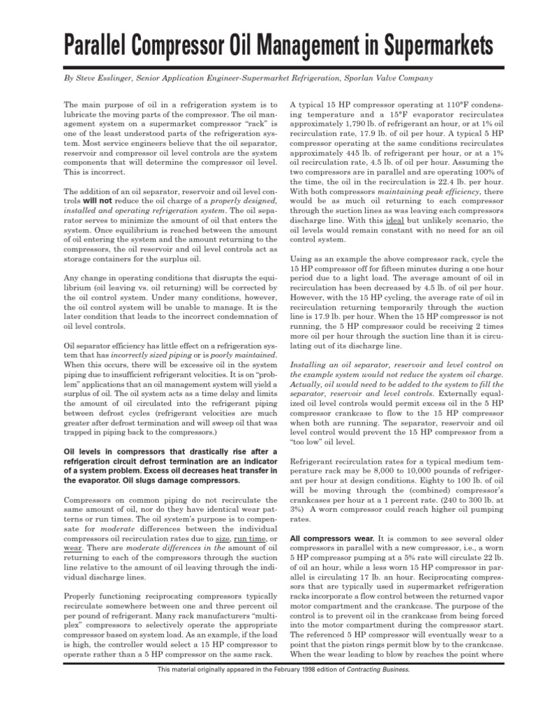 Managing Oil in Parallel Compressors | PDF | Gas Compressor | Refrigeration