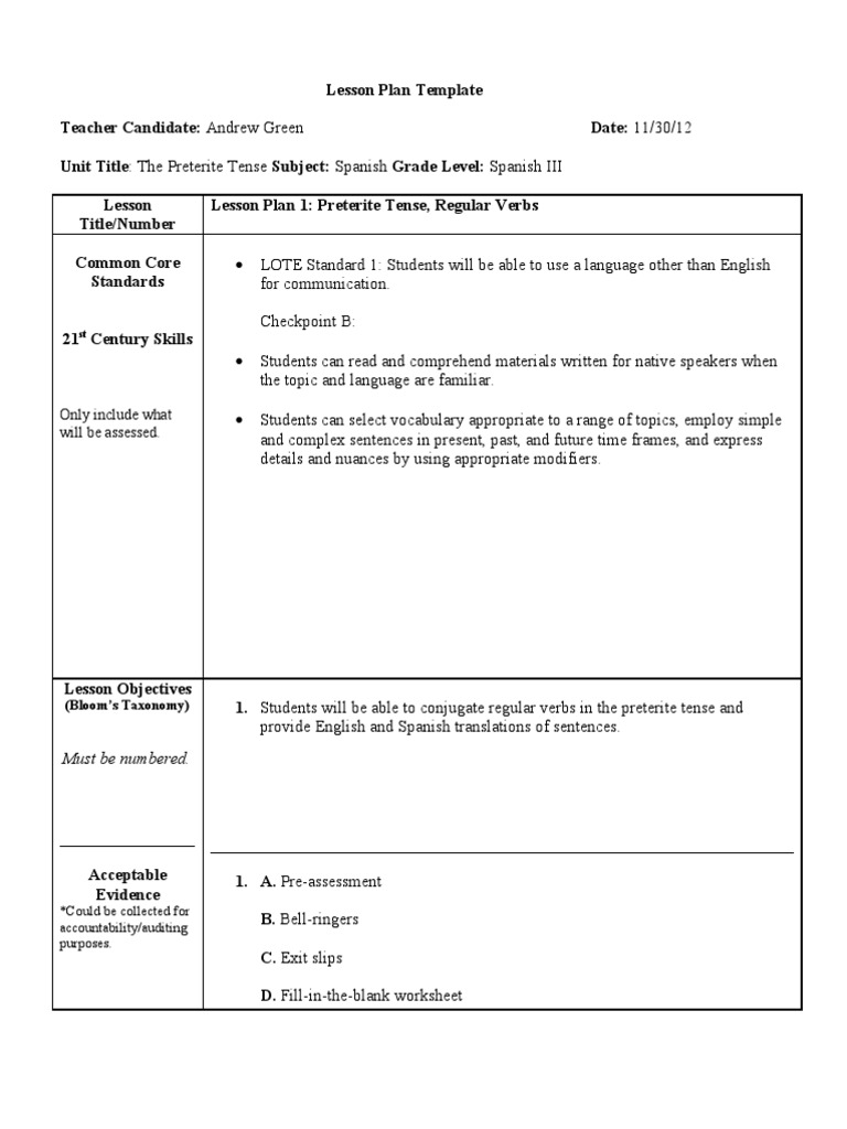 Preterite Tense Lesson Plan | PDF | English Language | Educational ...