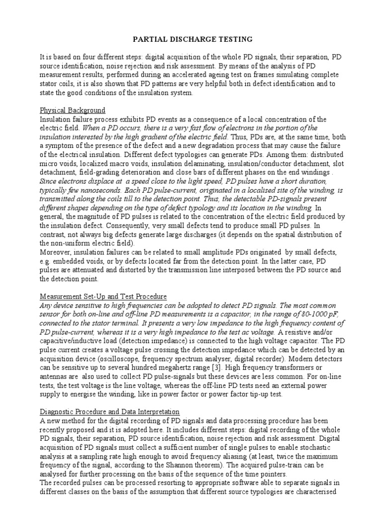 Partial Discharge Testing Procedure | PDF | Electrical Impedance ...