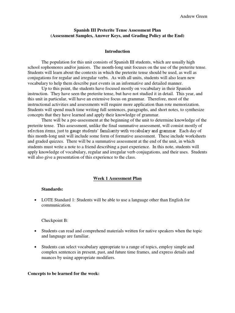 Spanish III Preterite Assessment Plan | PDF | Educational Assessment ...