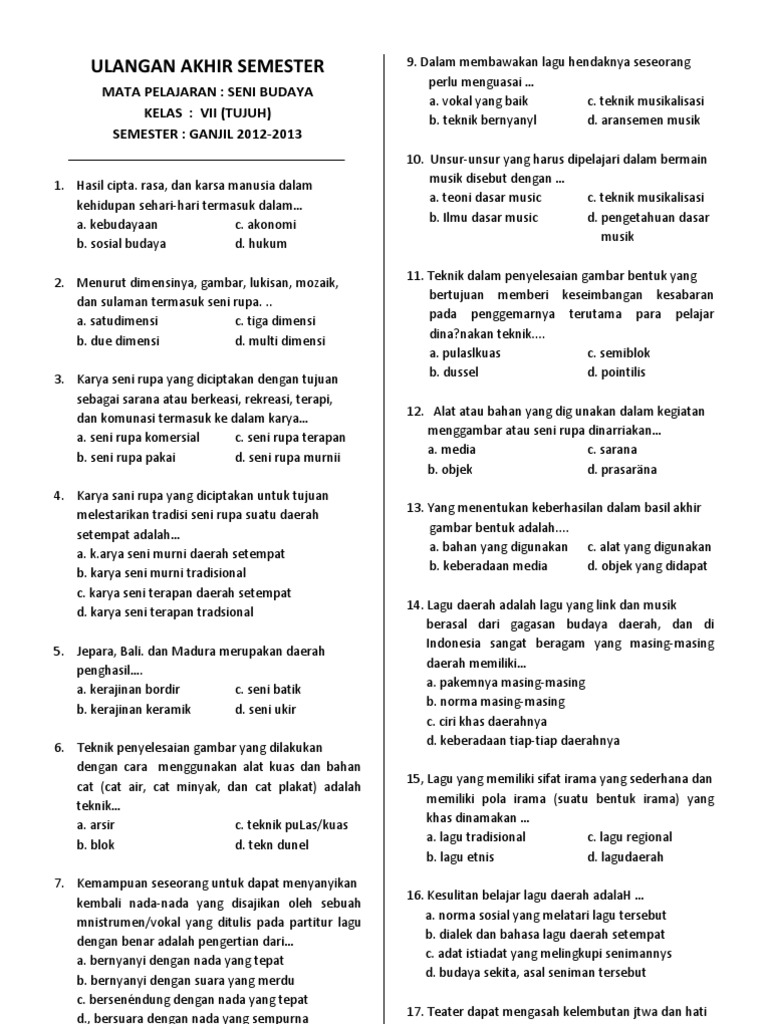 Soal Us Kls 6 Tentsng Pementasan Kebudayaan Internasional