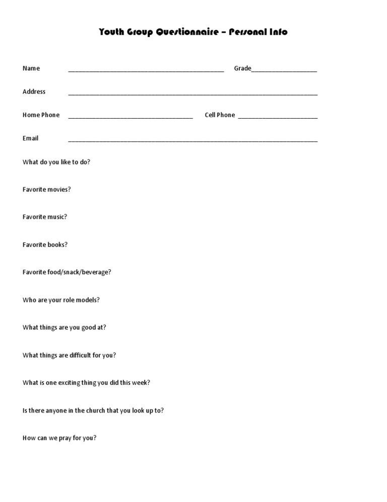 Youth Questionnaire Personal