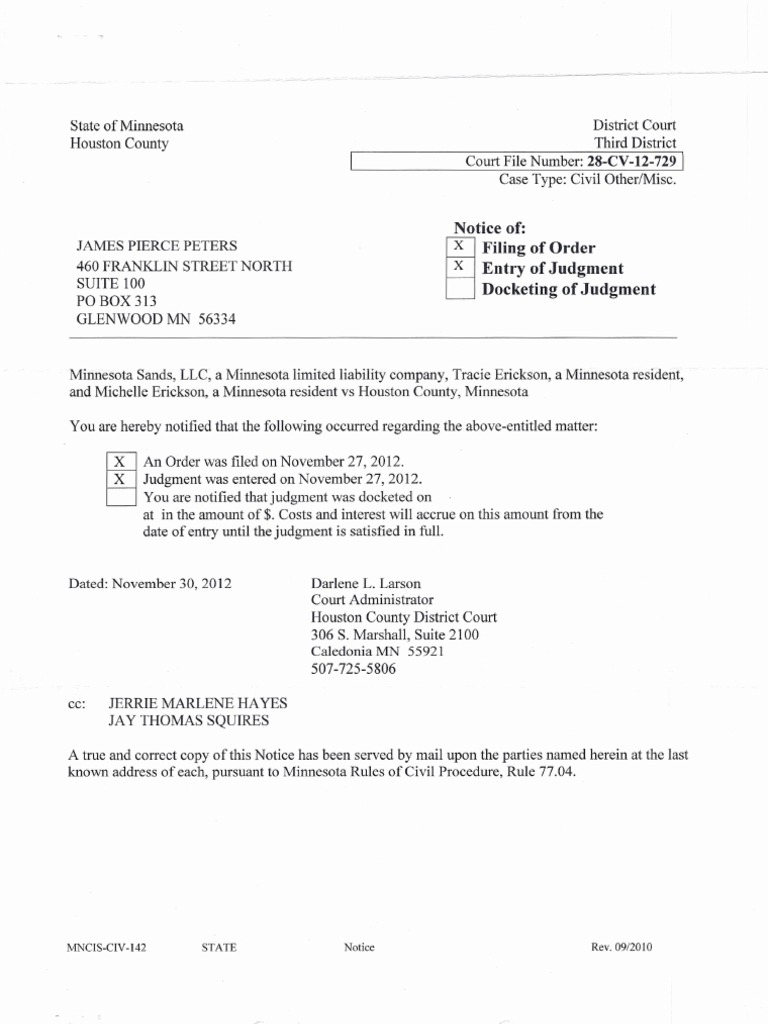 Minnesota Court Judgment Notice 28-CV-12-729 | PDF | Judgment (Law ...