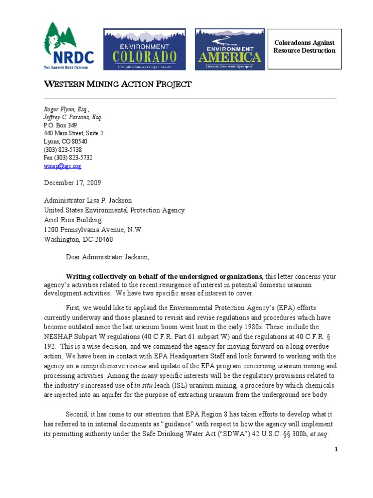 Western Mining Action Project Letter To EPA Re in Situ Uranium Mining ...