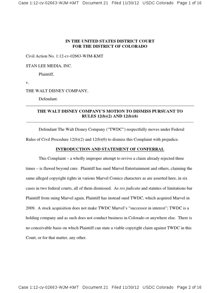 Disney's Motion to Dismiss Stan Lee Case | PDF | Collateral Estoppel ...