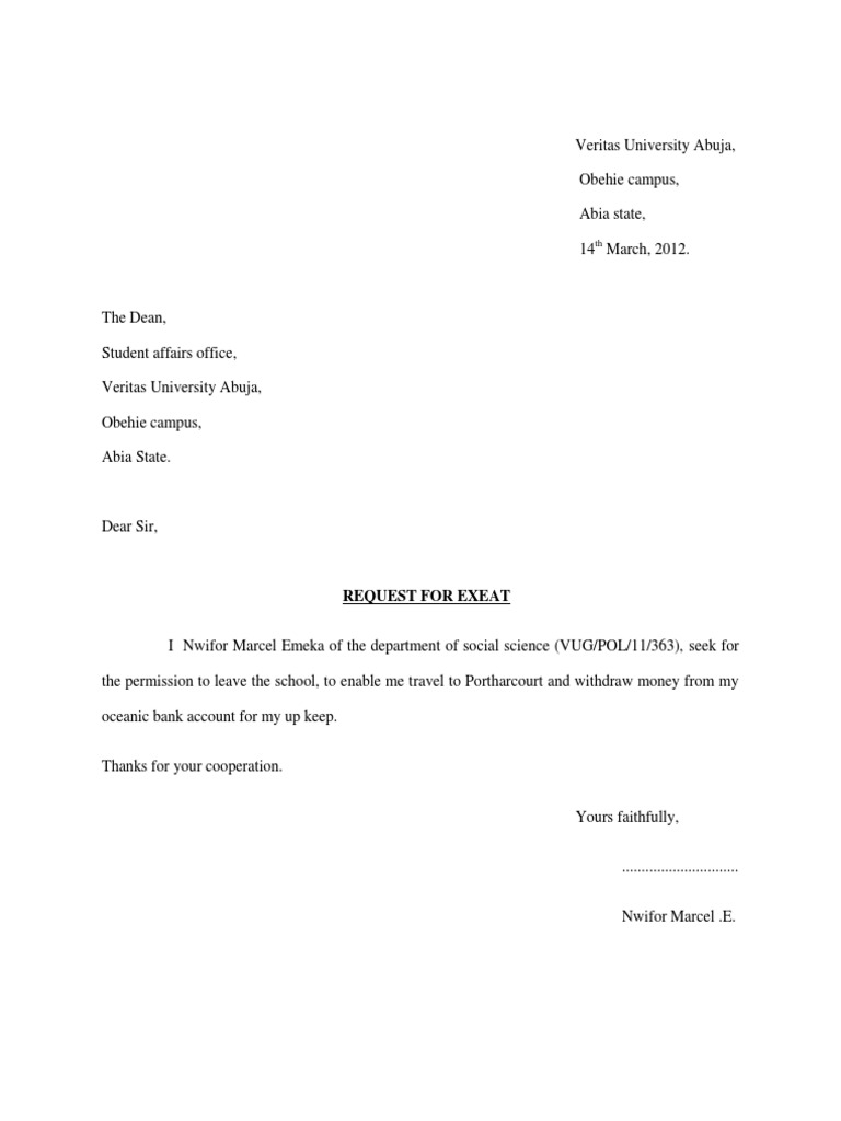 Exeat Request Letter Template | PDF | Business