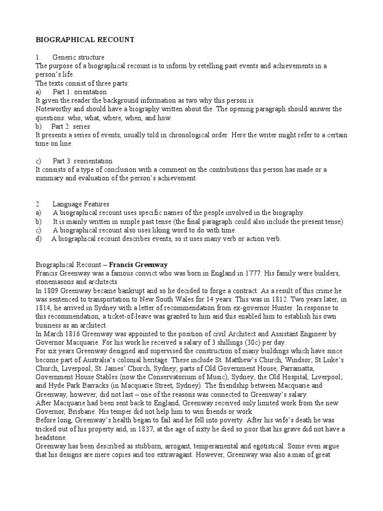 Biographical Recount Text Sydney