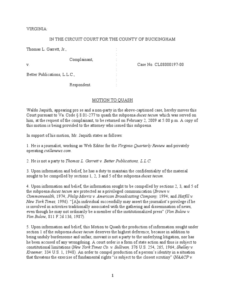 Motion To Quash in Garrett v. Better Publications, LLC PDF Subpoena