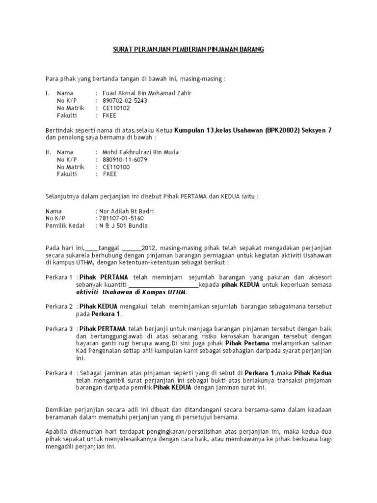 Surat Perjanjian Pinjaman Wang Pdf