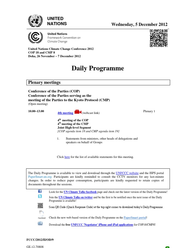 COP 18 Daily Programme Overview | PDF | United Nations Framework ...