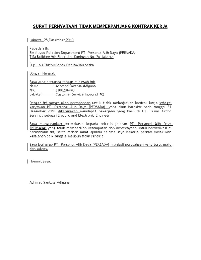 Surat Pernyataan Tidak Melanjutkan Kontrak Kerja Pdf