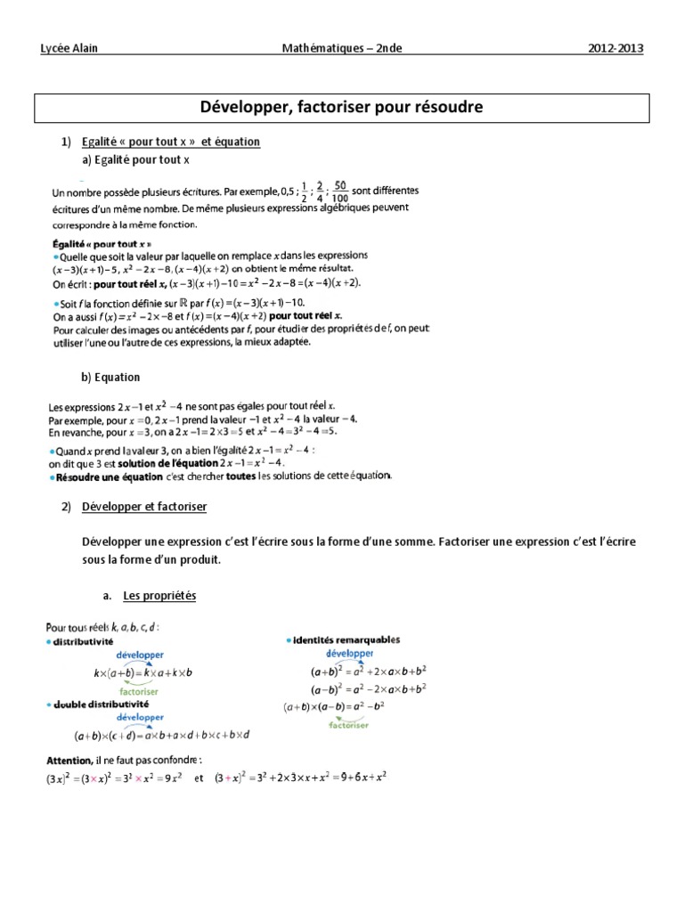Développer et factoriser en maths 2nde | PDF | Équations | Fraction ...