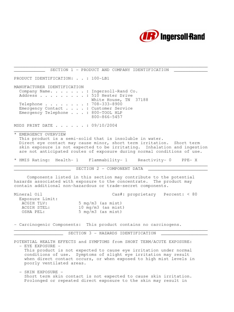 100 LB1 Grease English PDF Hazardous Waste Personal Protective