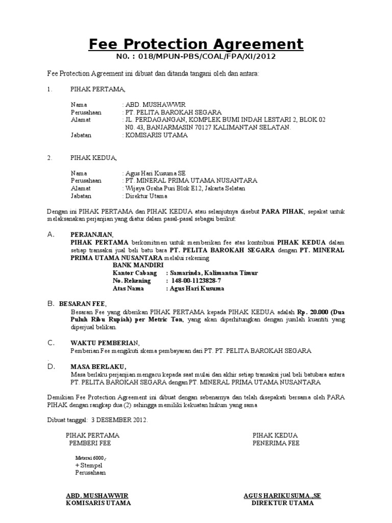 Fee Protection Agreement AGUS HARI KUSUMA | PDF