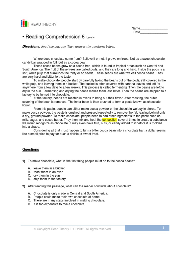 Worksheets Read The Passage reading comprehension 1 cocoa bean chocolate