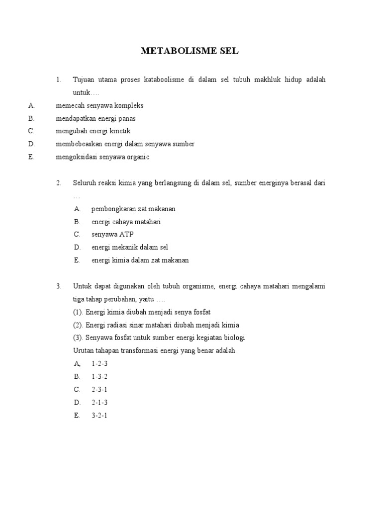 Soal Metabolisme Kelas Xii