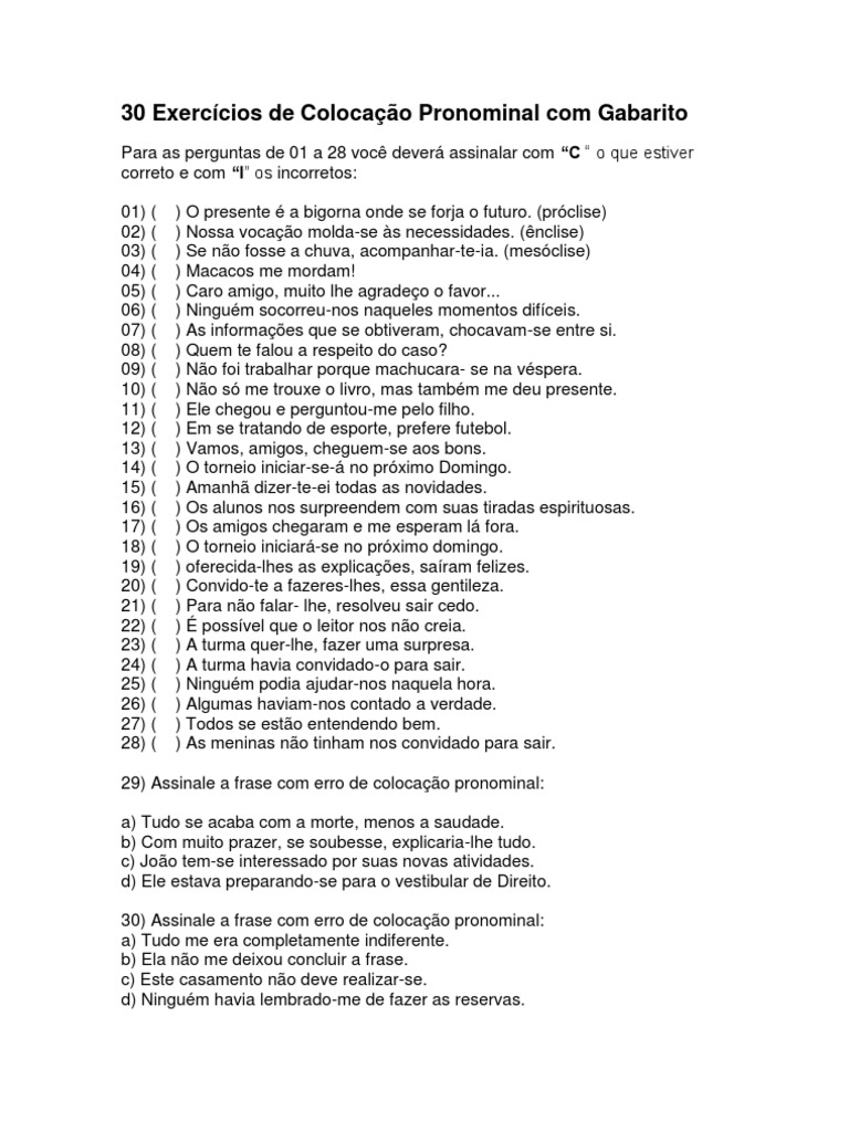 30 Exercícios de Colocação Pronominal Com Gabarito | PDF