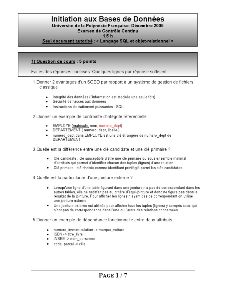Examen Correction L2 Base de Donnees | PDF | SQL | Bases de données