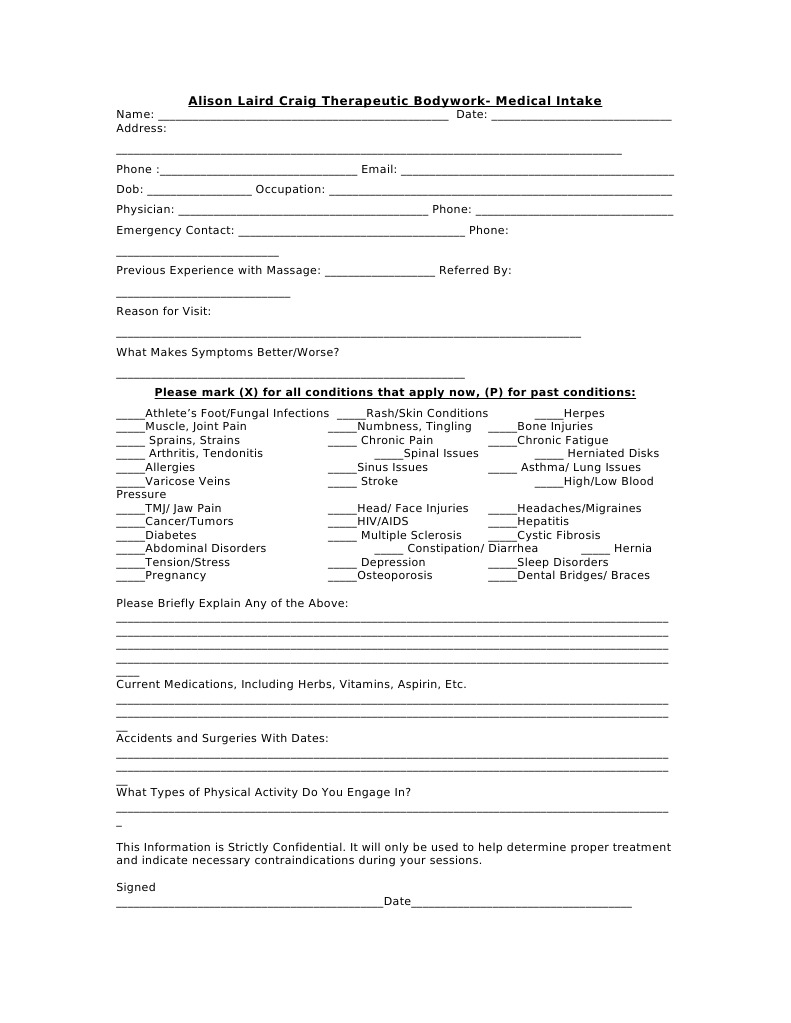 Medical Intake Form for Bodywork Therapy | PDF | Physician | Paresthesia