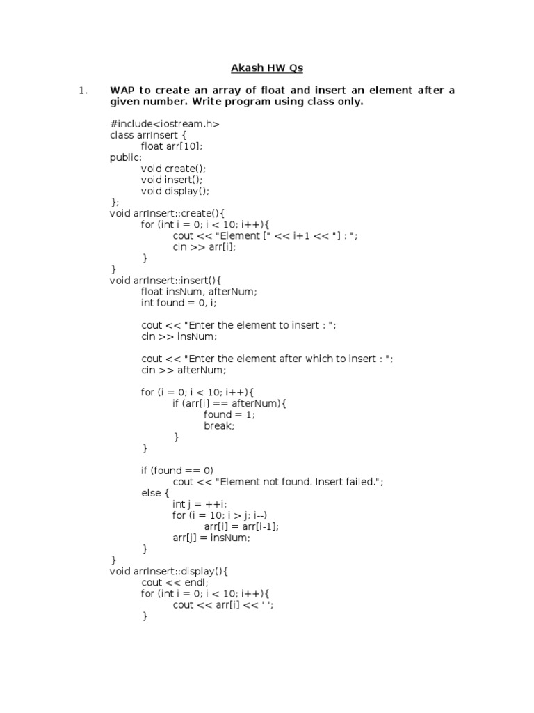 Akash HW Qs WAP To Create An Array of Float and Insert An Element After ...