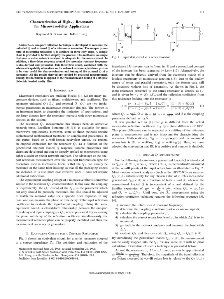 Characterization of HighQ Resonators For Microwave Filter Applications