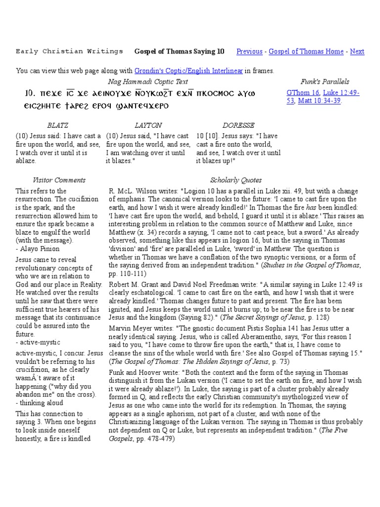 Gospel of Thomas: Saying 10 | PDF | Gospel Of Thomas | Gospels