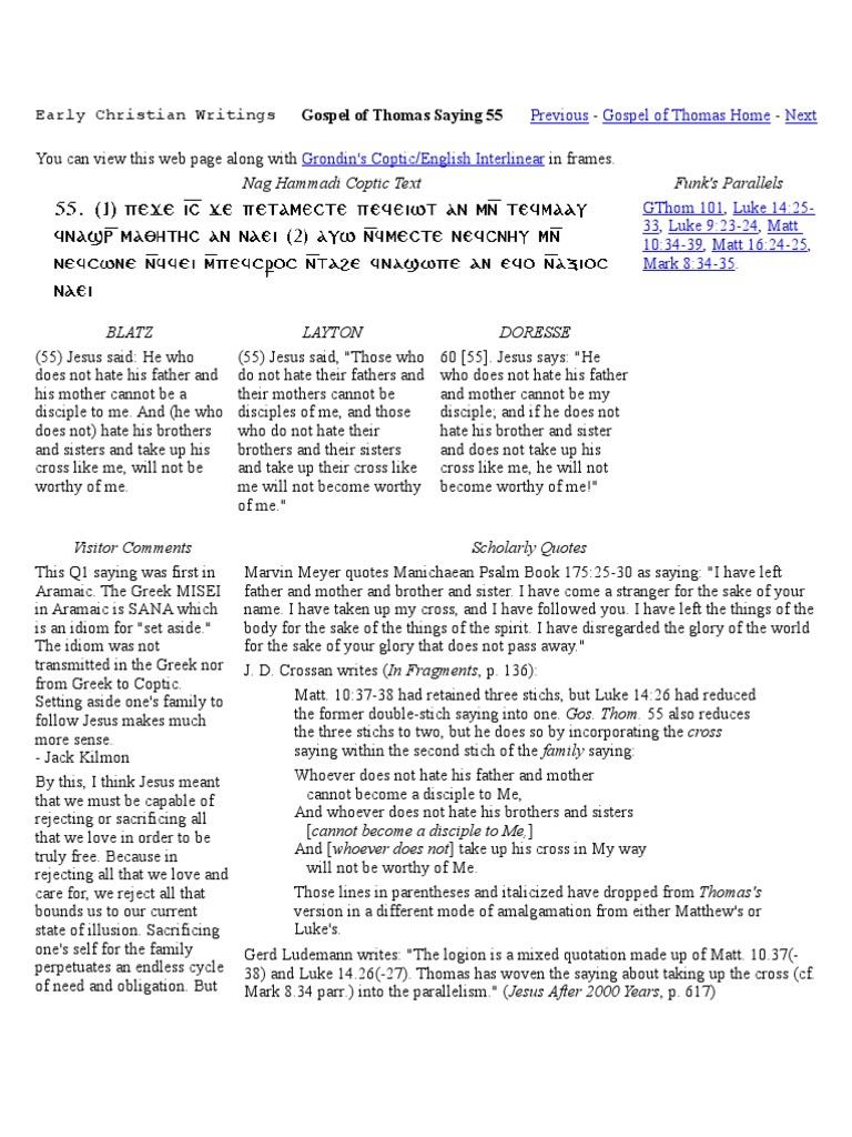 Nag Hammadi Coptic Text Funk's Parallels: Gospel of Thomas Saying 55 ...