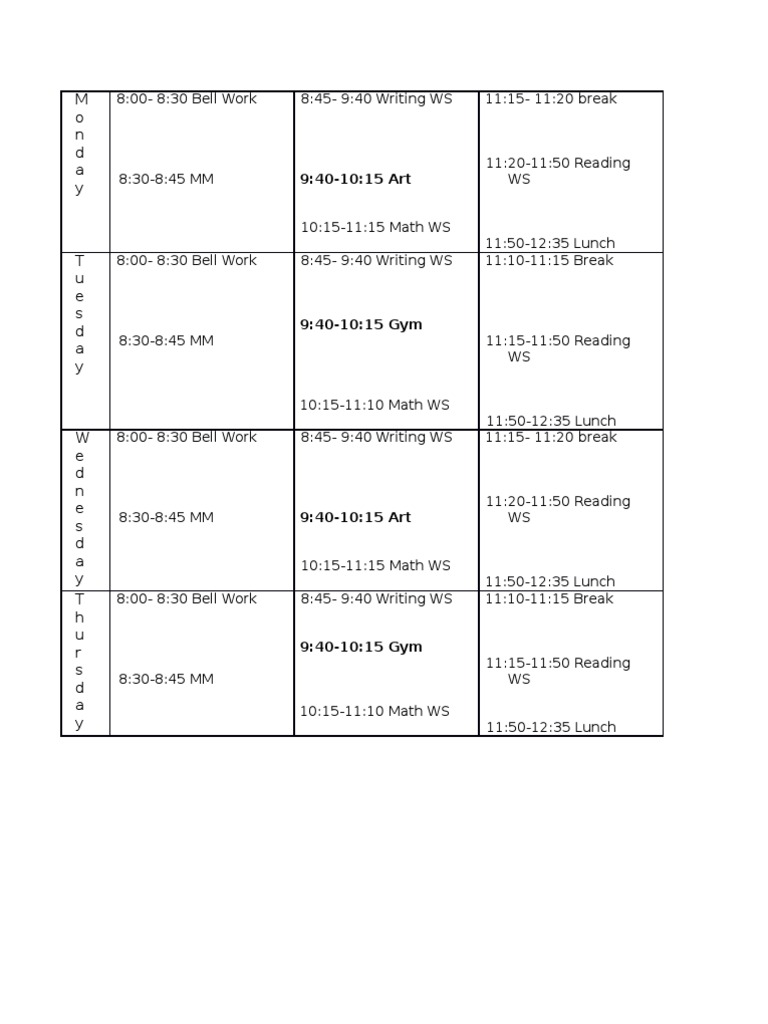 Weekly Morning Schedule Overview | PDF | Language Arts & Discipline
