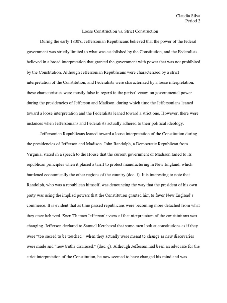 Loose vs. Strict Constructionism Explained | PDF | Federalism | Thomas ...