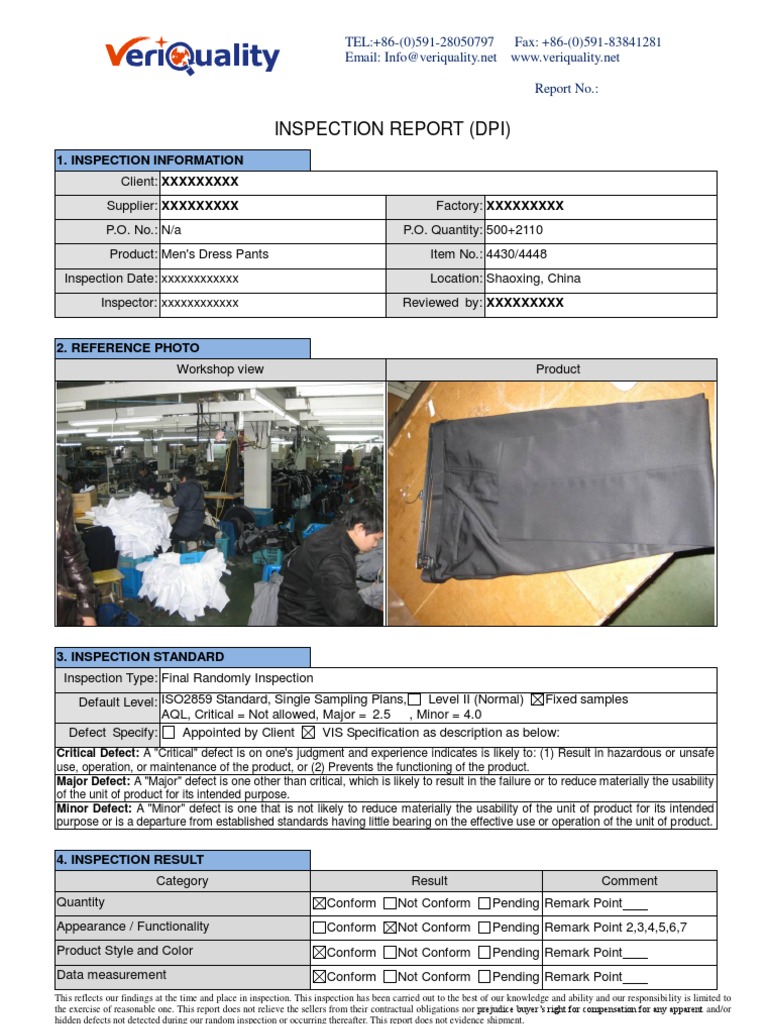 Garment InLine Inspection Sample Report PDF Business