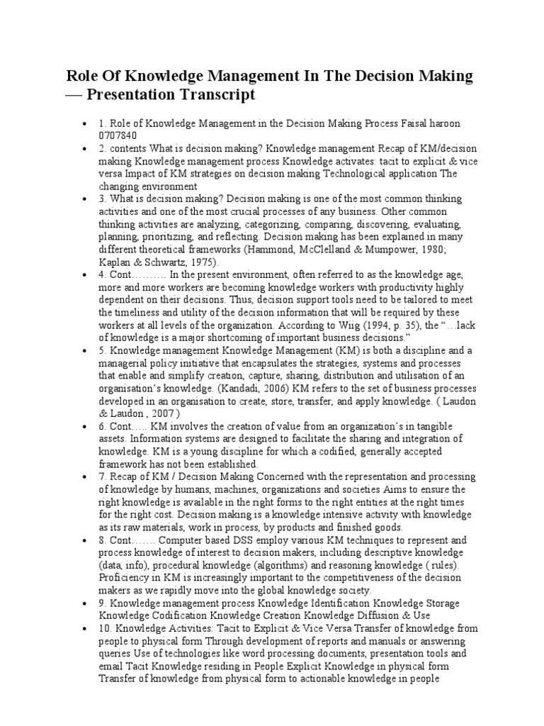 Role of Knowledge Management in The Decision Making | PDF | Knowledge ...