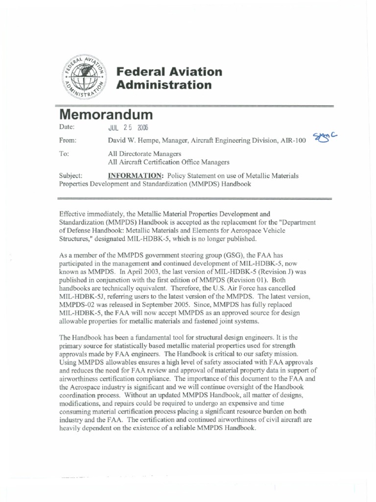 MMPDS Handbook Memo PDF Federal Aviation Administration