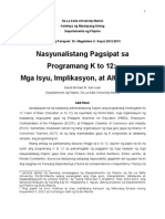 Nasyunalistang Pagsipat Sa K To 12: Mga Isyu, Implikasyon at Alternatibo