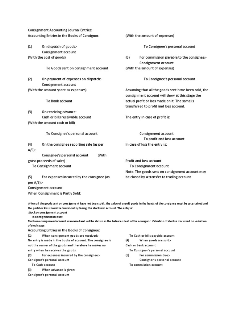 Consignment Accounting Journal Entries Expense Valuation (Finance)