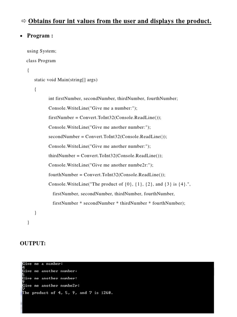 Obtains Four Int Values From The User and Displays The Product | PDF ...