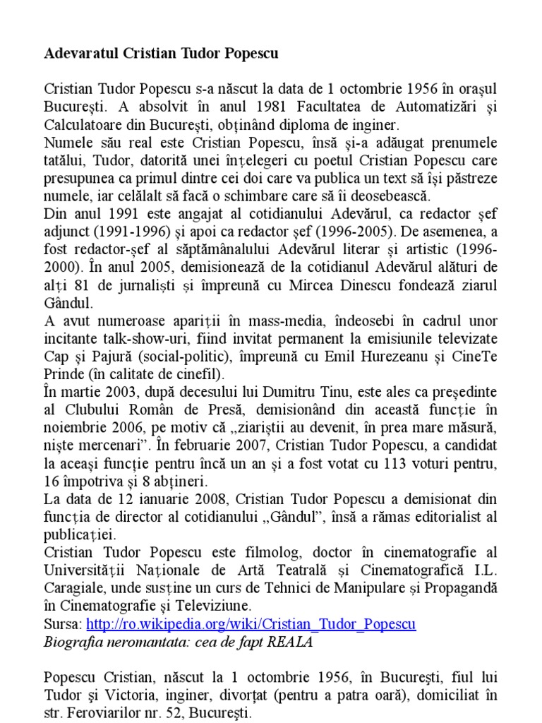 Adevaratul Cristian Tudor Popescu Biografia Neromantata Cea De Fapt Reala
