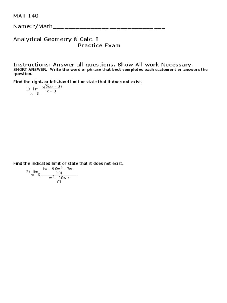 MAT 140 Name:r/Math - Analytical Geometry & Calc. I Practice Exam | PDF ...