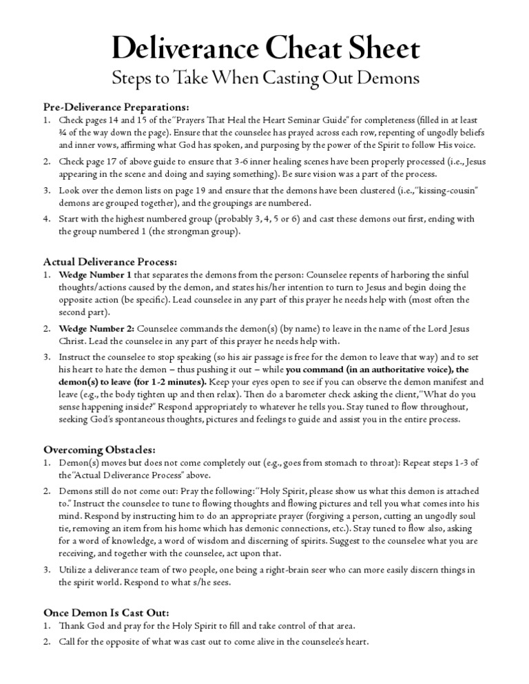 Deliverance Cheat Sheet PDF Demons Deliverance Ministry