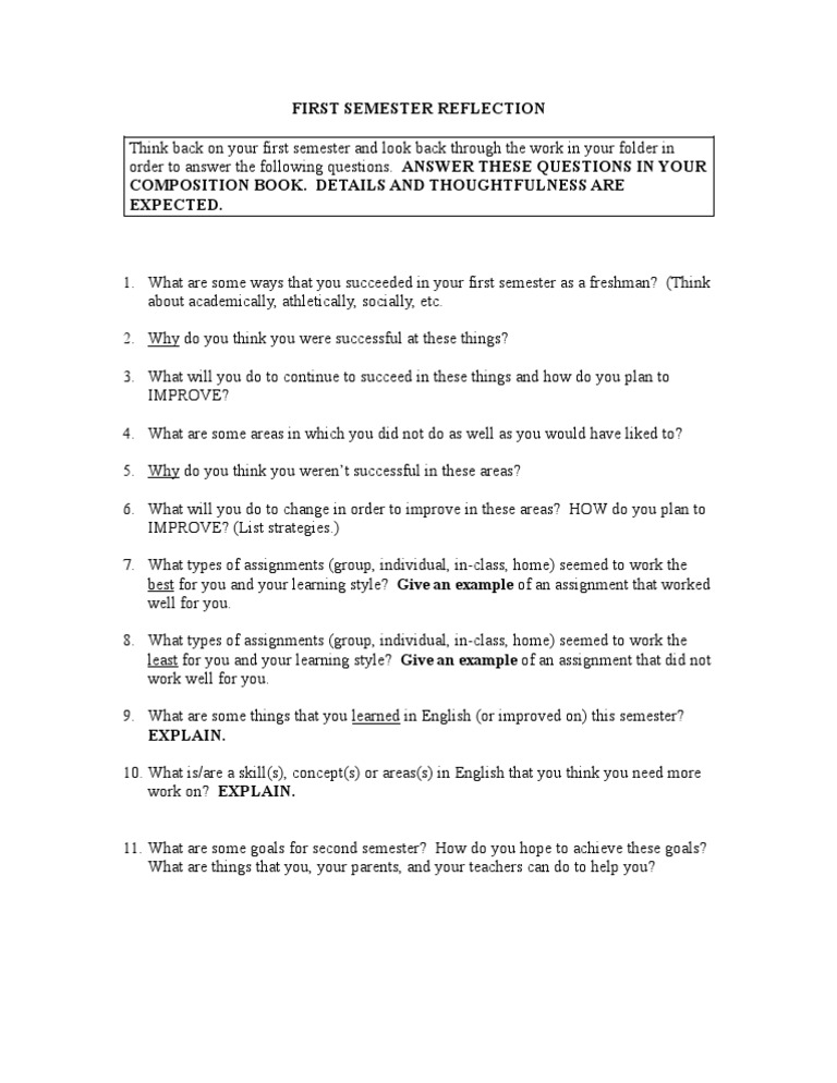 Freshman Semester Self-Reflection | PDF | Career & Growth | Self ...