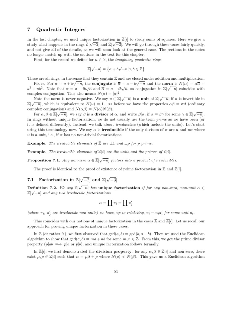 Unique Factorization in Quadratic Integers | PDF