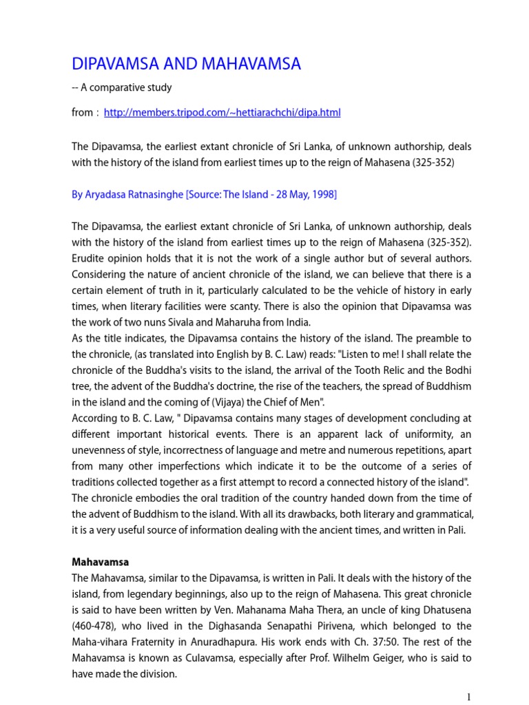 Dipavamsa and Mahavamsa A Comparative Study Sri Lanka Indian Religions
