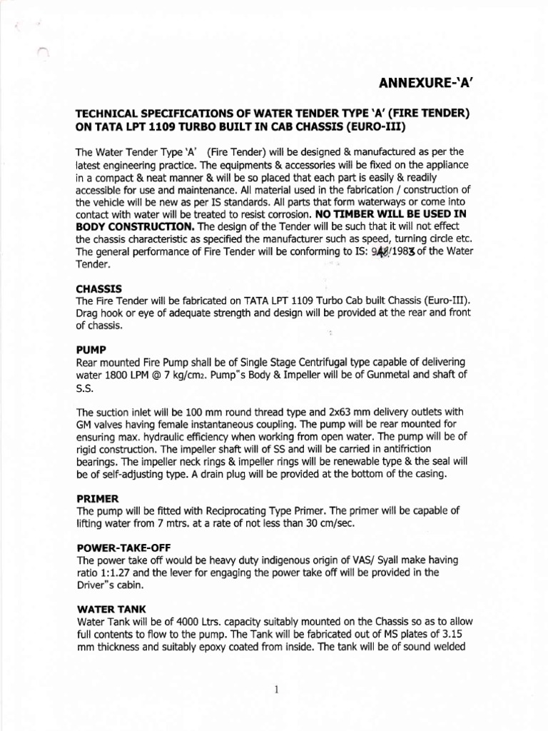 Fire Tender Specifications Sheet Metal Fire Engine